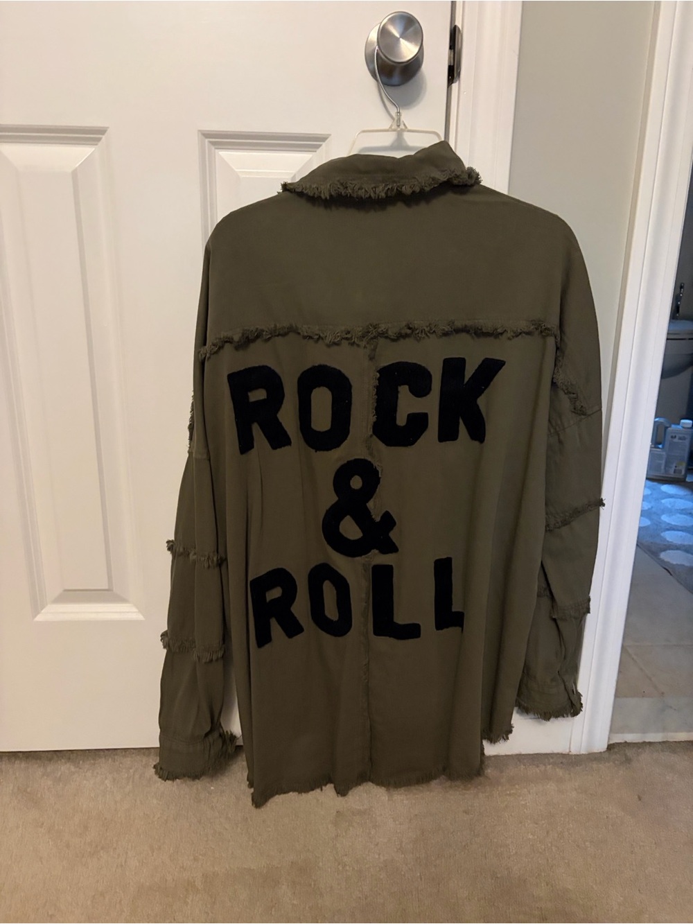 Elan Olive Green Frayed Trim Utility Shirt Jacket